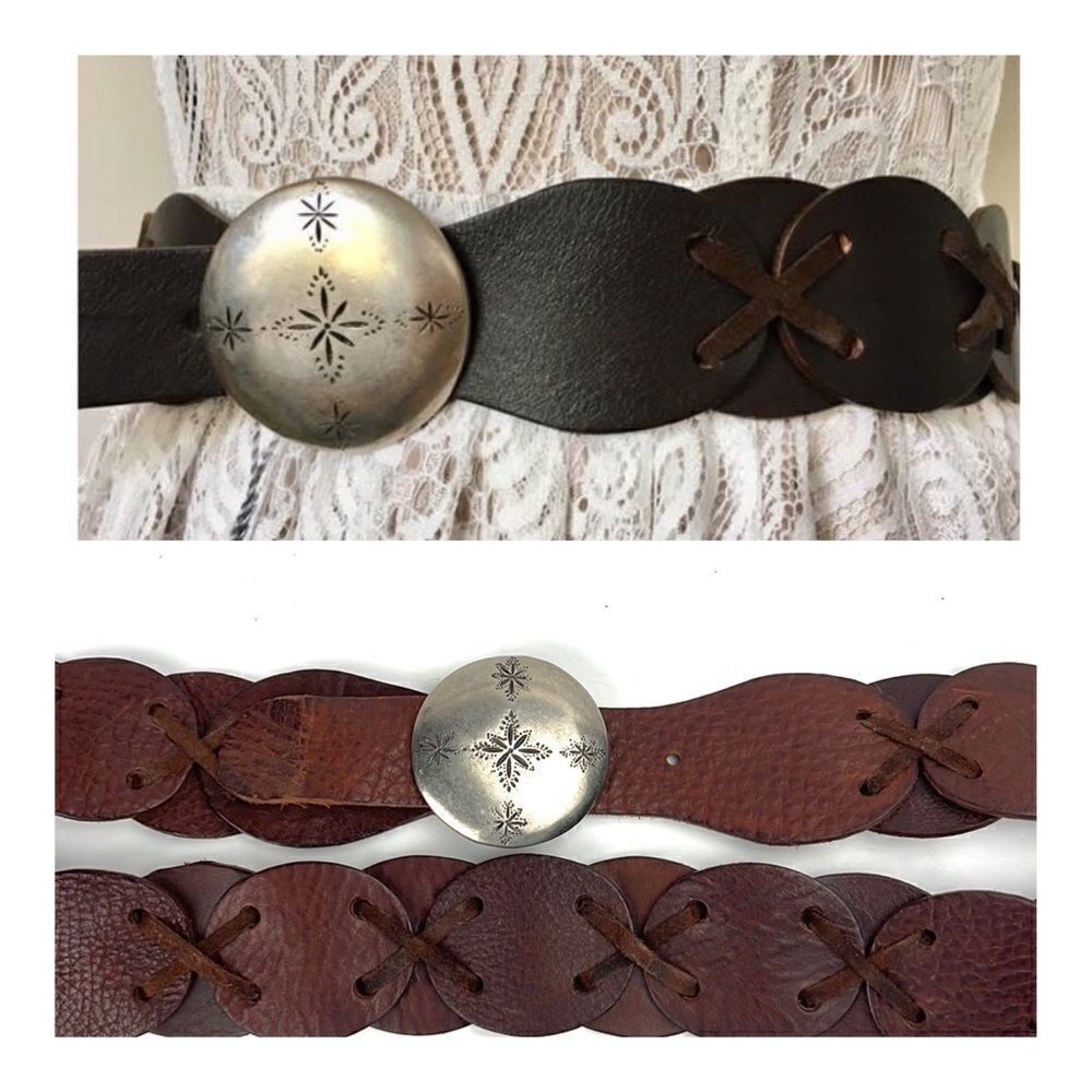 GARUGLIERI Italian Wide Leather Medallion Belt with Snowflake Buckle L